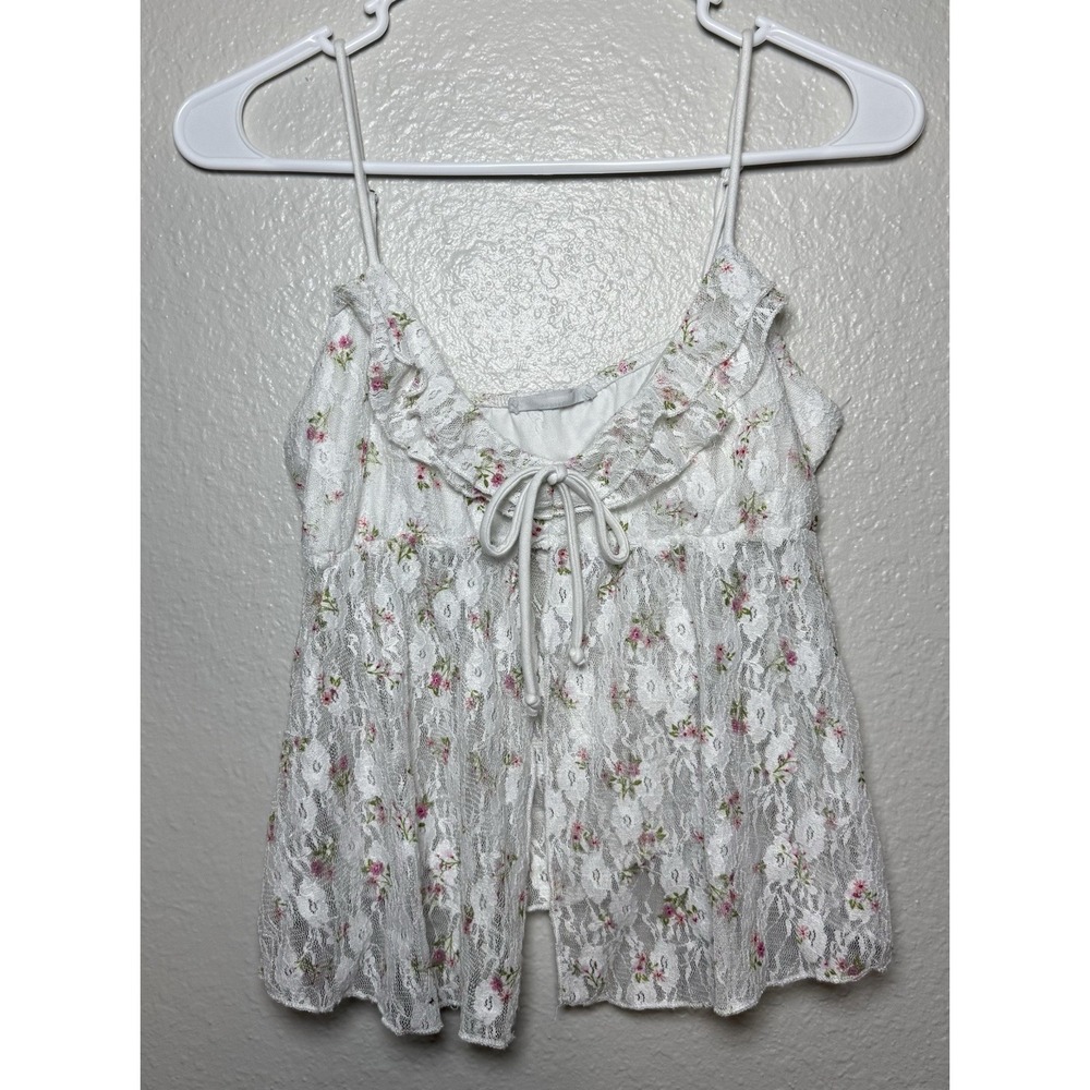 Lace Floral Ruffle Tie Spaghetti Strap V-Neck Tank White L by GOOD DAYS PROJECT